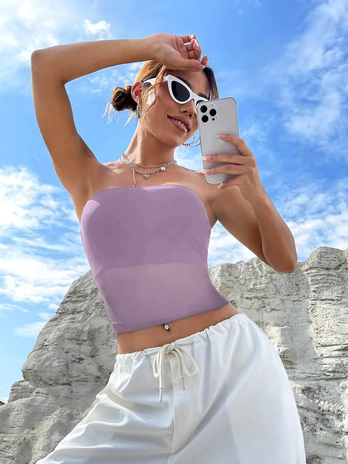 EMMIOL Tube Tops for Women Sexy See Through Y2K Tops Sheer Mesh Stretchy Bandeau Top Going Out Strapless Top
