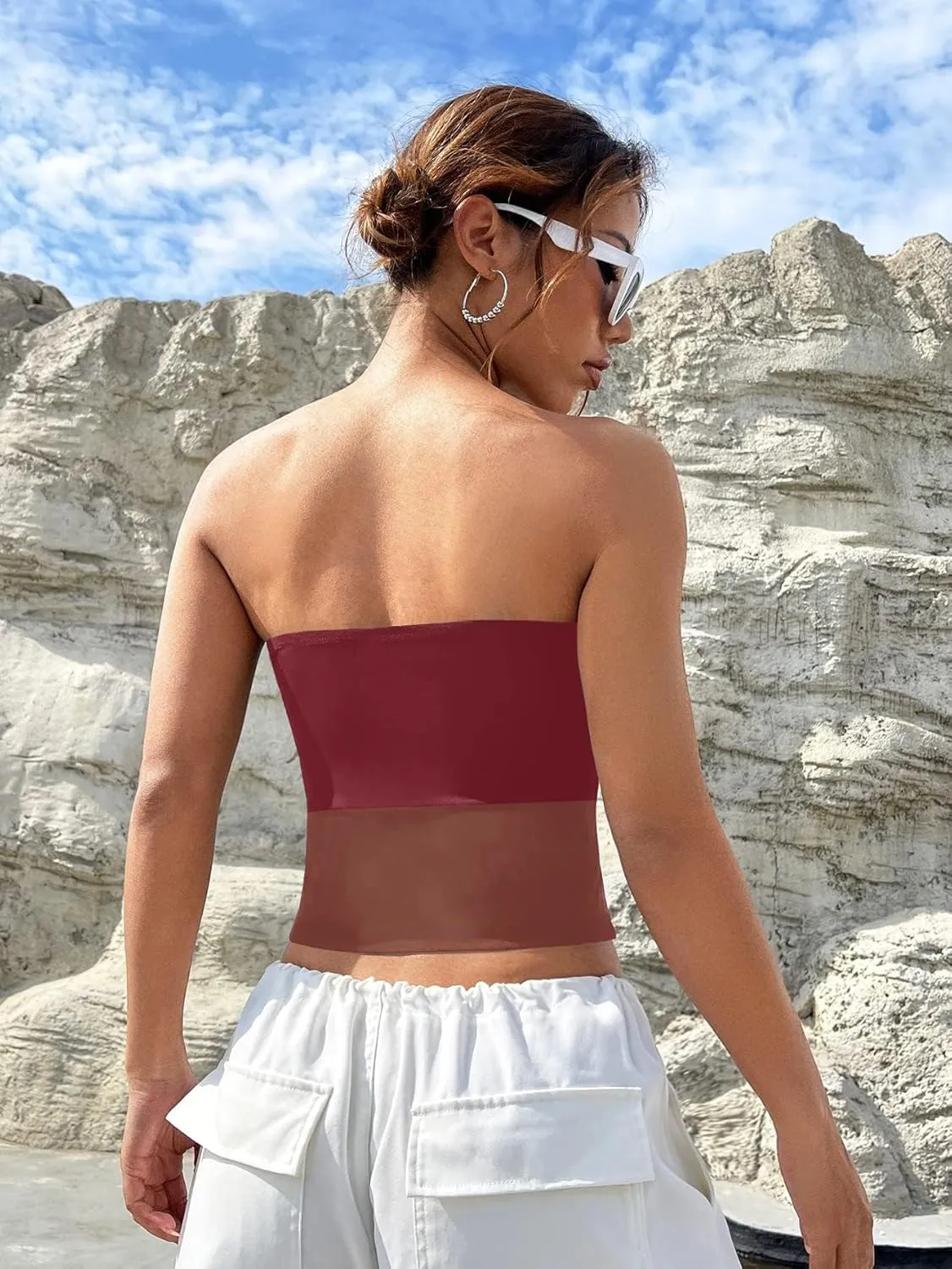 EMMIOL Tube Tops for Women Sexy See Through Y2K Tops Sheer Mesh Stretchy Bandeau Top Going Out Strapless Top