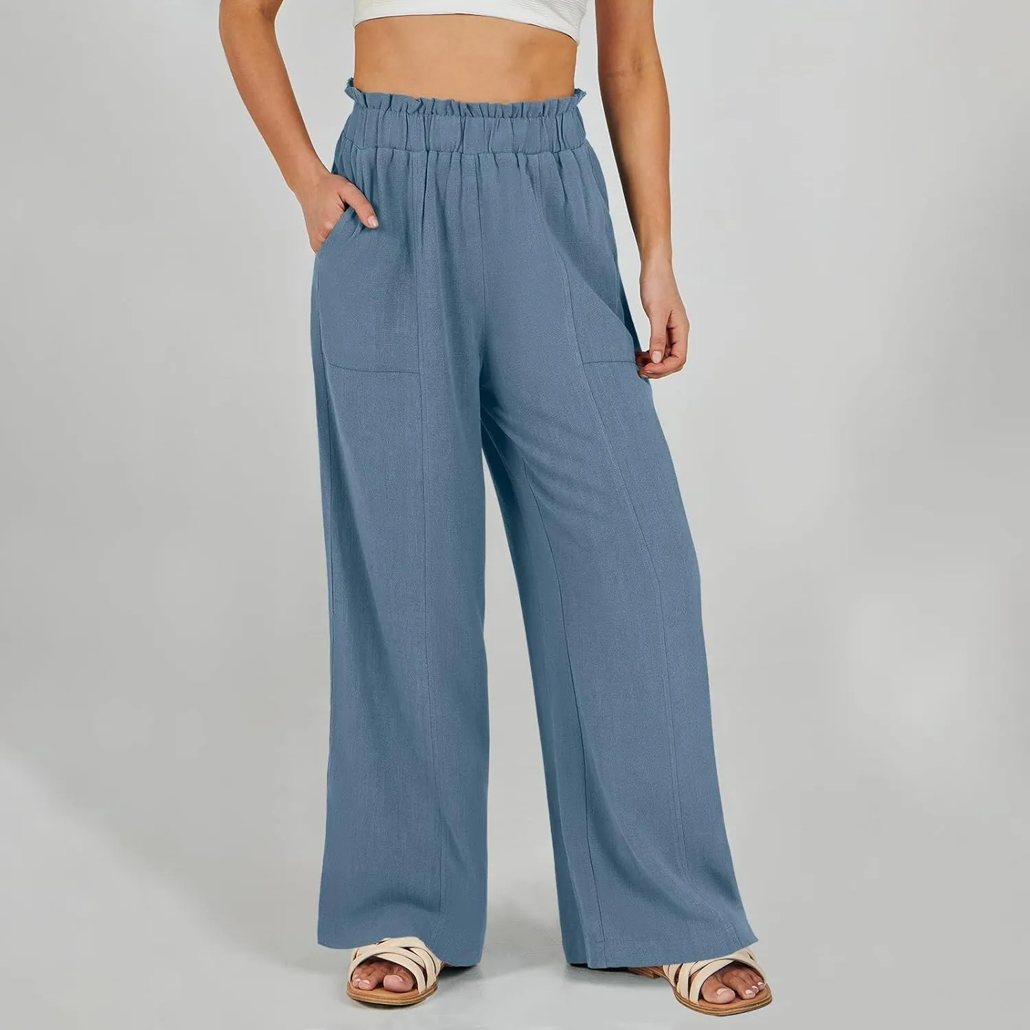 eoeioa Wide Leg Linen Pants for Women Elastic High Waisted Palazzo Pants Summer Vacation Loose Fit Beach Pant with Pockets