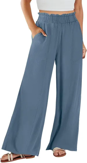 eoeioa Wide Leg Linen Pants for Women Elastic High Waisted Palazzo Pants Summer Vacation Loose Fit Beach Pant with Pockets