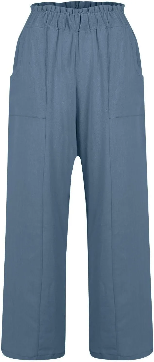 eoeioa Wide Leg Linen Pants for Women Elastic High Waisted Palazzo Pants Summer Vacation Loose Fit Beach Pant with Pockets