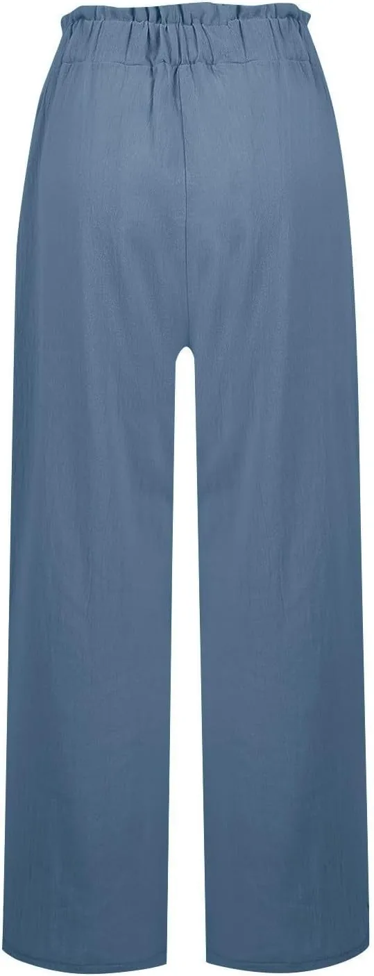 eoeioa Wide Leg Linen Pants for Women Elastic High Waisted Palazzo Pants Summer Vacation Loose Fit Beach Pant with Pockets