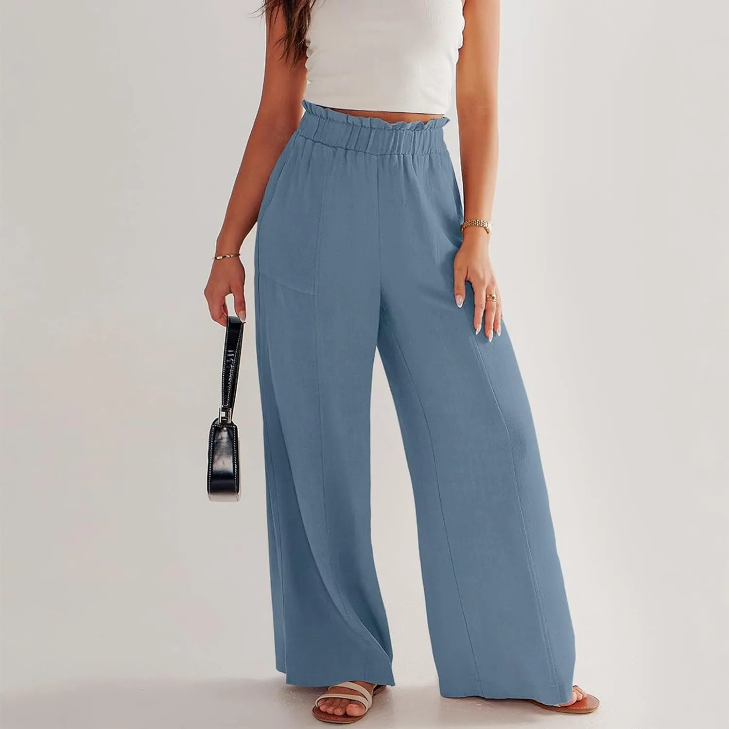 eoeioa Wide Leg Linen Pants for Women Elastic High Waisted Palazzo Pants Summer Vacation Loose Fit Beach Pant with Pockets
