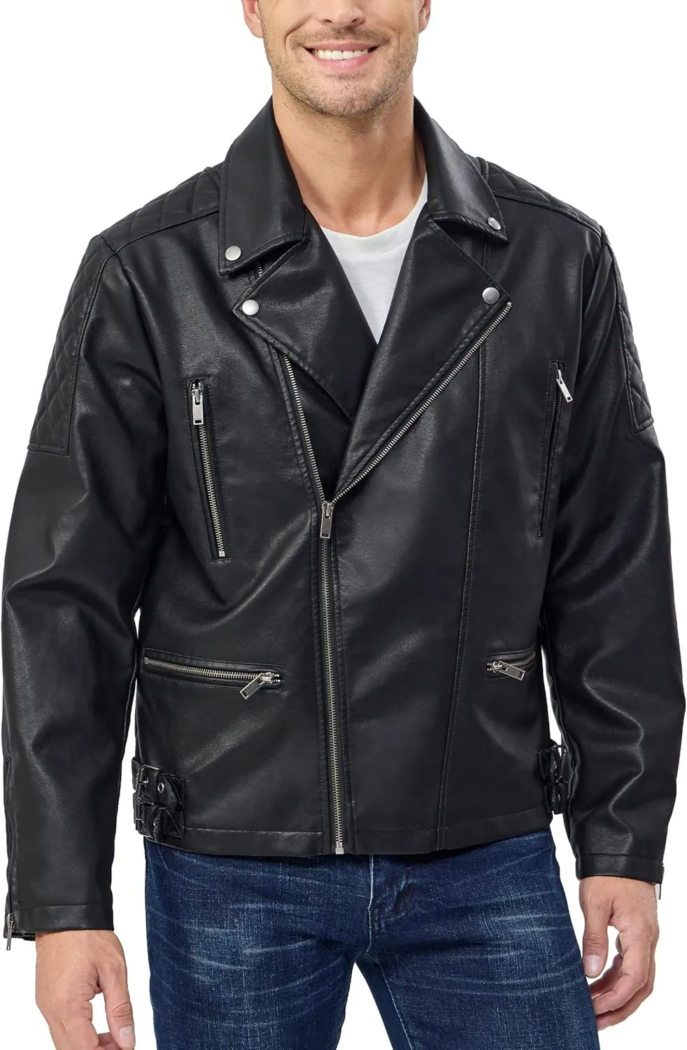 Fahsyee Faux Leather Jacket Men - Black Bomber Jackets Motorcycle Stand Collar Lightweight Zip-Up Slim Fit Biker Coat