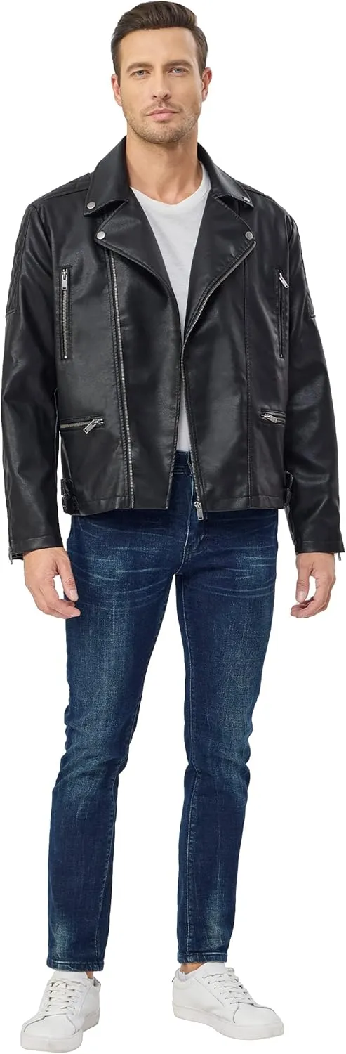 Fahsyee Faux Leather Jacket Men - Black Bomber Jackets Motorcycle Stand Collar Lightweight Zip-Up Slim Fit Biker Coat