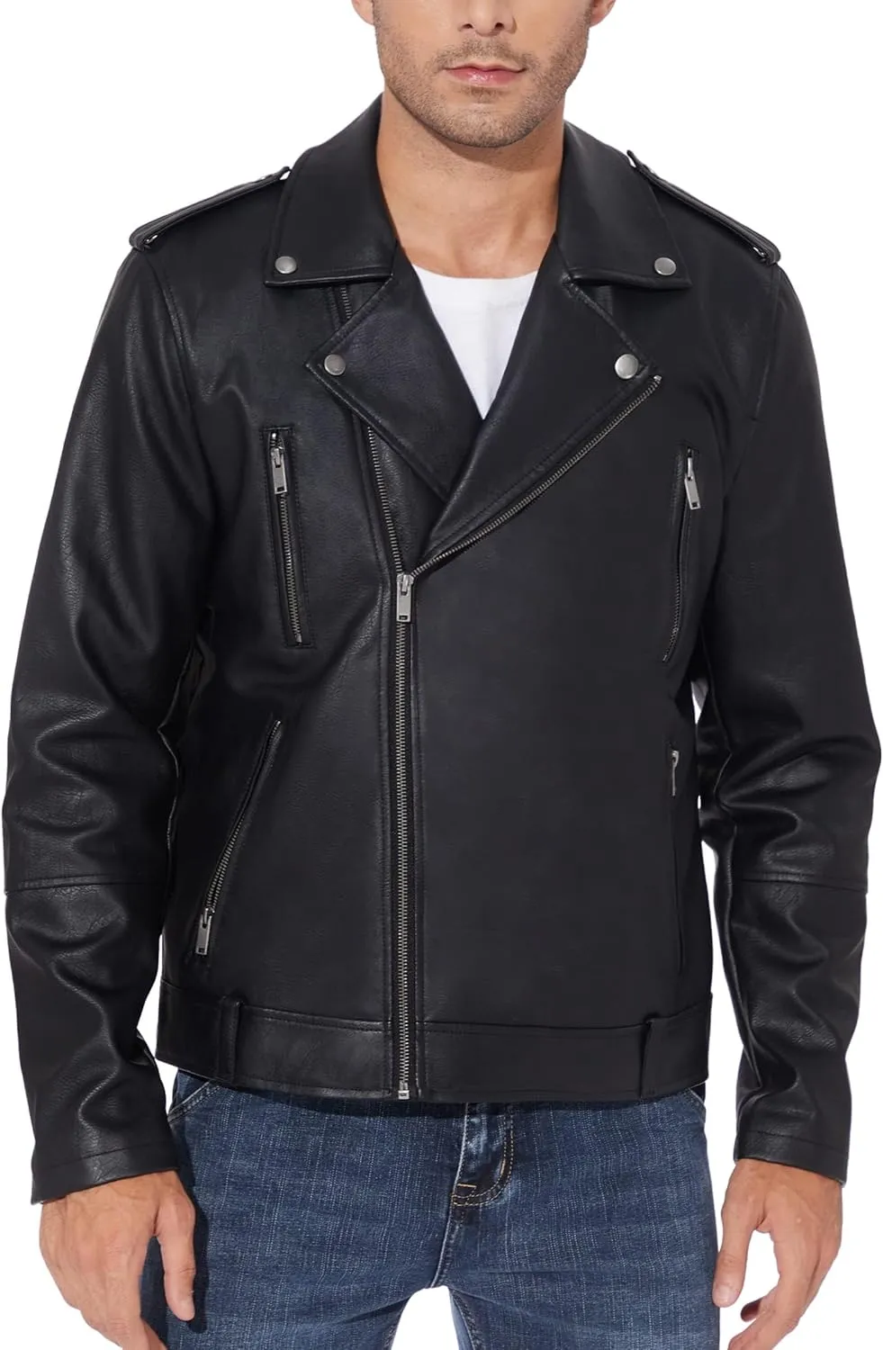 Fahsyee Faux Leather Jacket Men - Black Bomber Jackets Motorcycle Stand Collar Lightweight Zip-Up Slim Fit Biker Coat