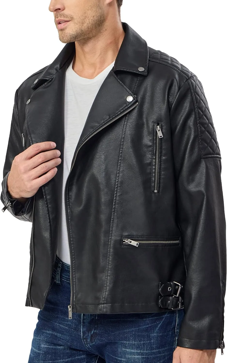 Fahsyee Faux Leather Jacket Men - Black Bomber Jackets Motorcycle Stand Collar Lightweight Zip-Up Slim Fit Biker Coat