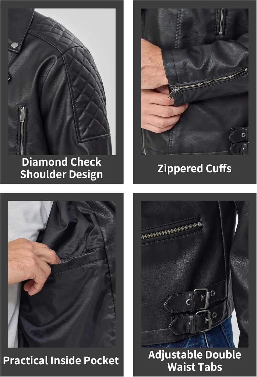 Fahsyee Faux Leather Jacket Men - Black Bomber Jackets Motorcycle Stand Collar Lightweight Zip-Up Slim Fit Biker Coat
