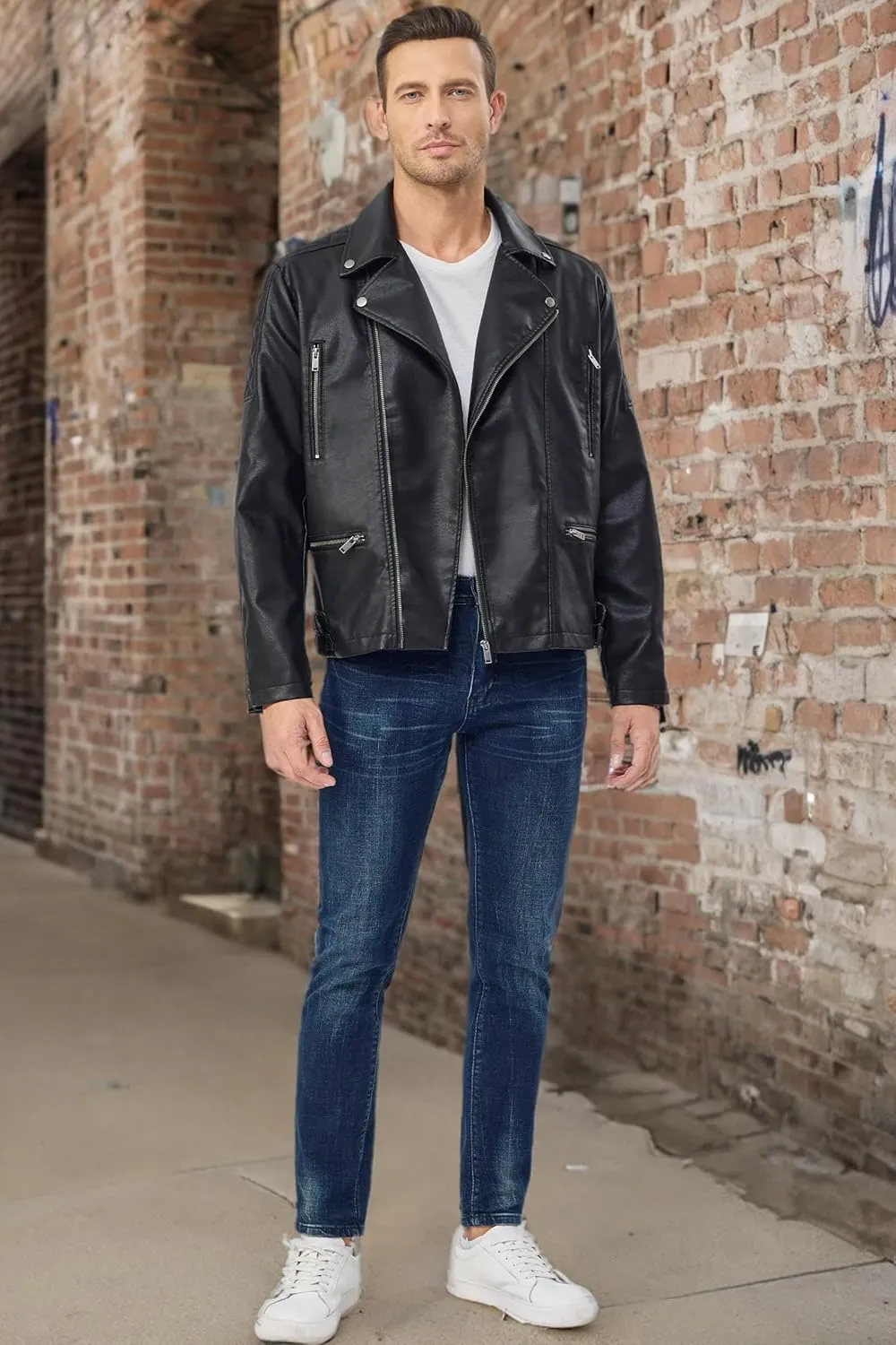 Fahsyee Faux Leather Jacket Men - Black Bomber Jackets Motorcycle Stand Collar Lightweight Zip-Up Slim Fit Biker Coat