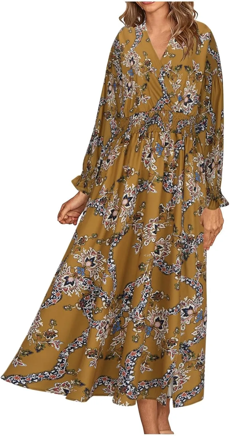 Fall Dresses for Women 2024 Casual Midi Loose V Neck Ruffle Long Sleeve Dress Tiered Flowy Empire Waist Beach Dresses