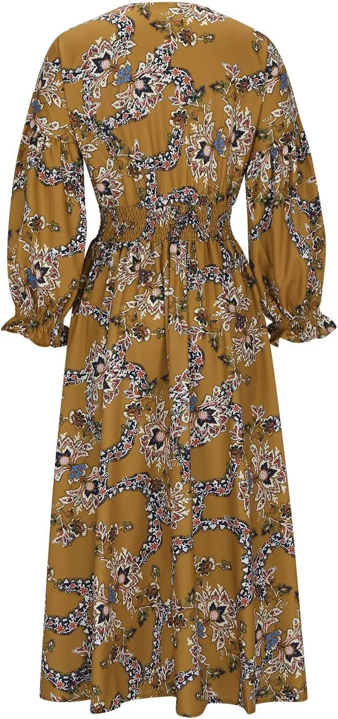 Fall Dresses for Women 2024 Casual Midi Loose V Neck Ruffle Long Sleeve Dress Tiered Flowy Empire Waist Beach Dresses
