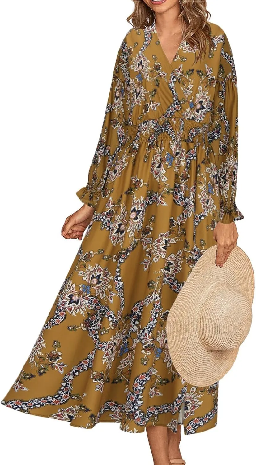 Fall Dresses for Women 2024 Casual Midi Loose V Neck Ruffle Long Sleeve Dress Tiered Flowy Empire Waist Beach Dresses