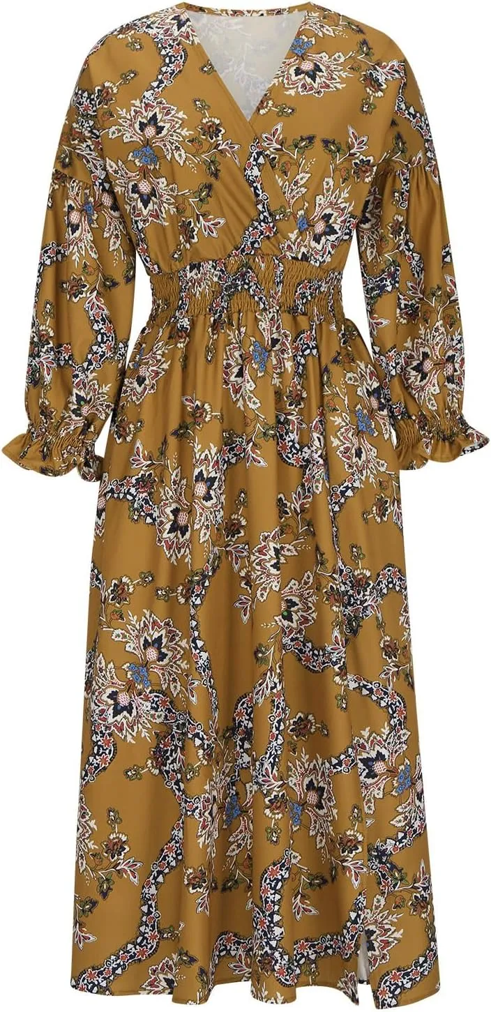 Fall Dresses for Women 2024 Casual Midi Loose V Neck Ruffle Long Sleeve Dress Tiered Flowy Empire Waist Beach Dresses
