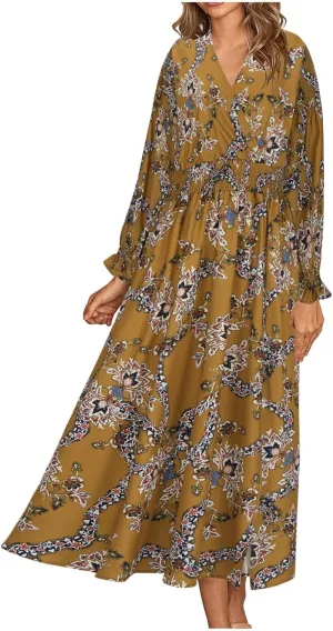 Fall Dresses for Women 2024 Casual Midi Loose V Neck Ruffle Long Sleeve Dress Tiered Flowy Empire Waist Beach Dresses