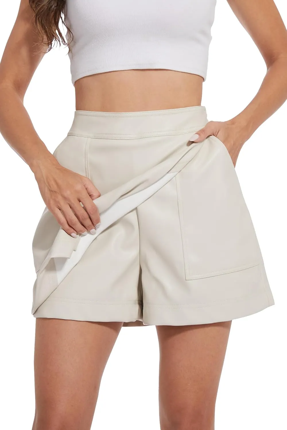 Fashyee Faux Leather Skorts Women - Mini Shorts Wrapped Skirt Pleather Dressy S-XXL