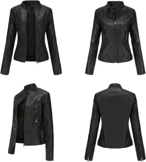 Faux Leather Jacket Women Slim Fit Full Zip Jacket Y2k Motorcycle Moto Biker Outwear Coat Stand-Up Style Solid Jacket