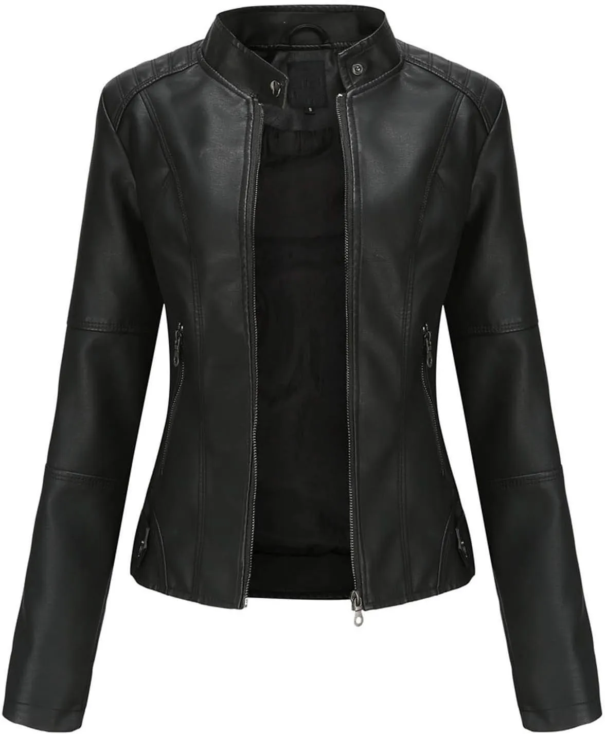 Faux Leather Jackets Women Full Zip Long Sleeve Solid Moto Jacket Trendy Casual Slim Fit Short Coat with Pockets