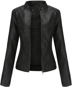 Faux Leather Jackets Women Full Zip Long Sleeve Solid Moto Jacket Trendy Casual Slim Fit Short Coat with Pockets