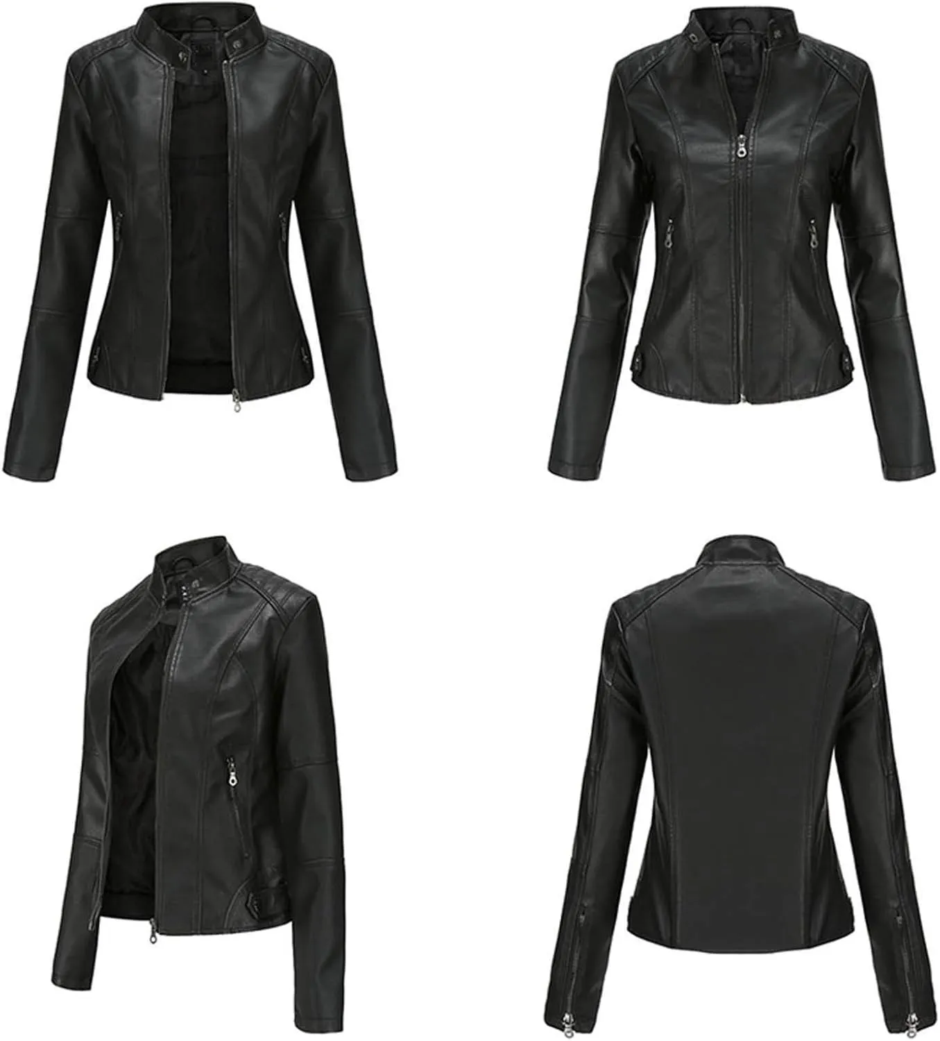 Faux Leather Jackets Women Full Zip Long Sleeve Solid Moto Jacket Trendy Casual Slim Fit Short Coat with Pockets
