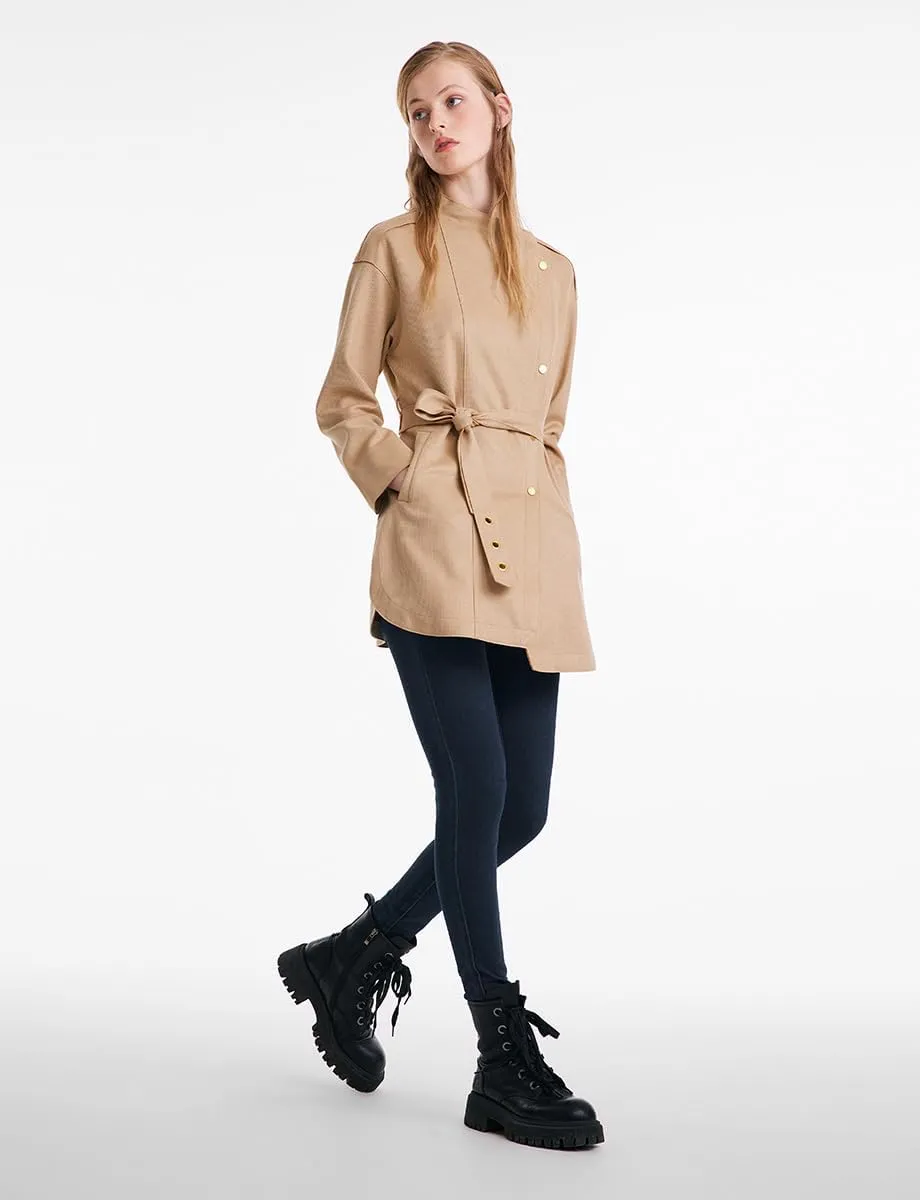 Faux Suede Jacket With Leather Belt Camel Button Turndown Collar Womens Fall Coat