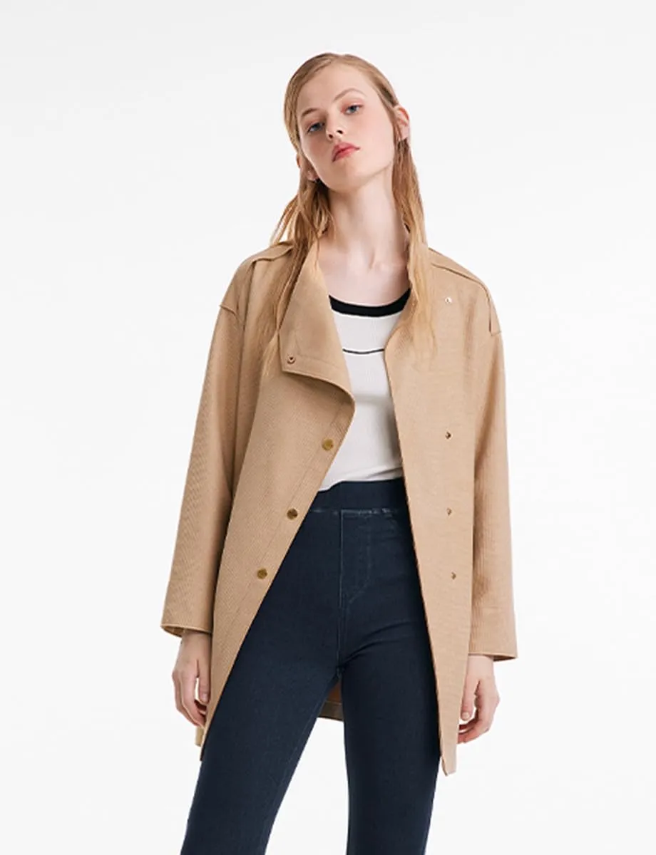 Faux Suede Jacket With Leather Belt Camel Button Turndown Collar Womens Fall Coat