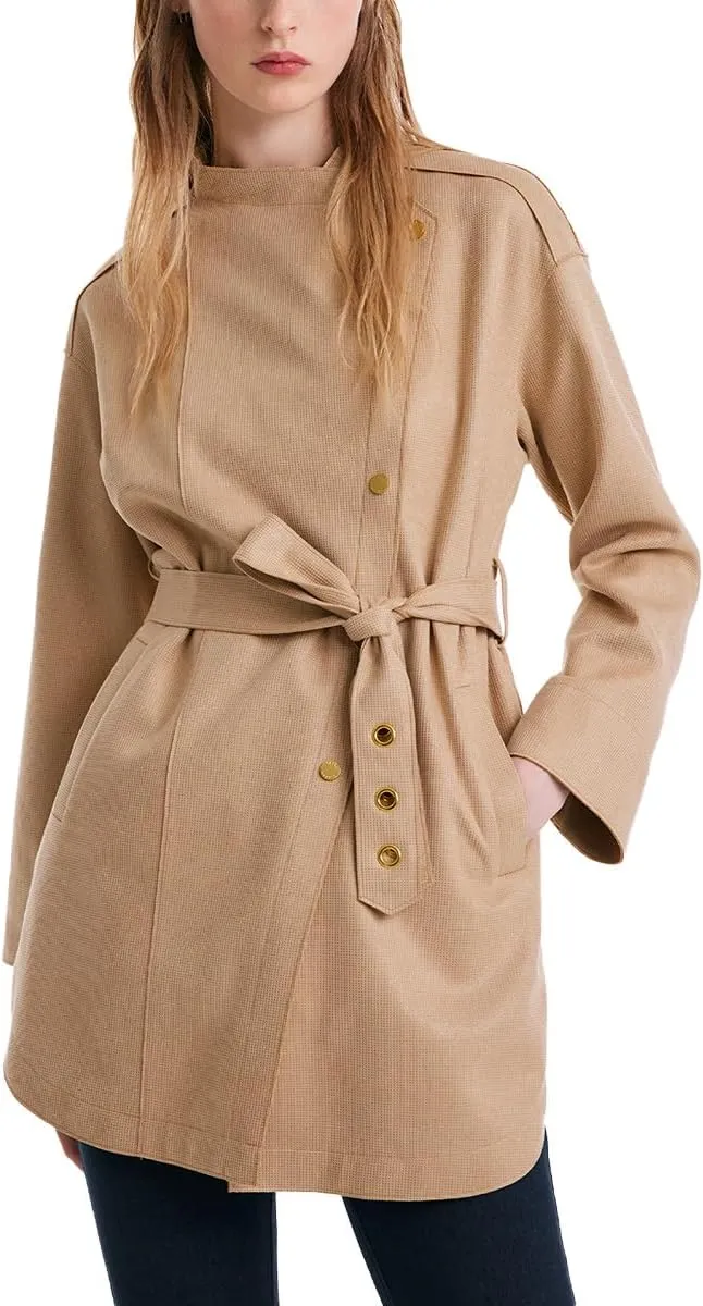 Faux Suede Jacket With Leather Belt Camel Button Turndown Collar Womens Fall Coat