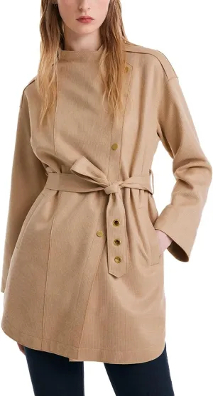 Faux Suede Jacket With Leather Belt Camel Button Turndown Collar Womens Fall Coat
