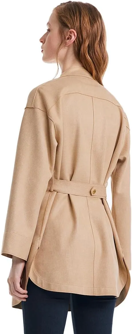 Faux Suede Jacket With Leather Belt Camel Button Turndown Collar Womens Fall Coat