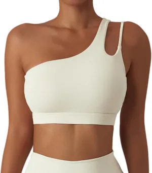 FEOYA One Shoulder Double Strap Sports Bra for Women Asymmetrical Padded Workout Yoga Bra