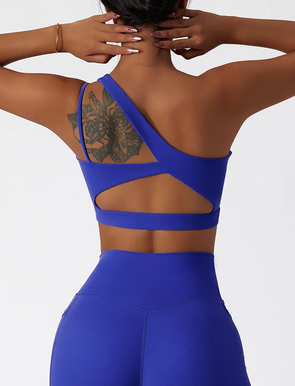 FEOYA One Shoulder Double Strap Sports Bra for Women Asymmetrical Padded Workout Yoga Bra
