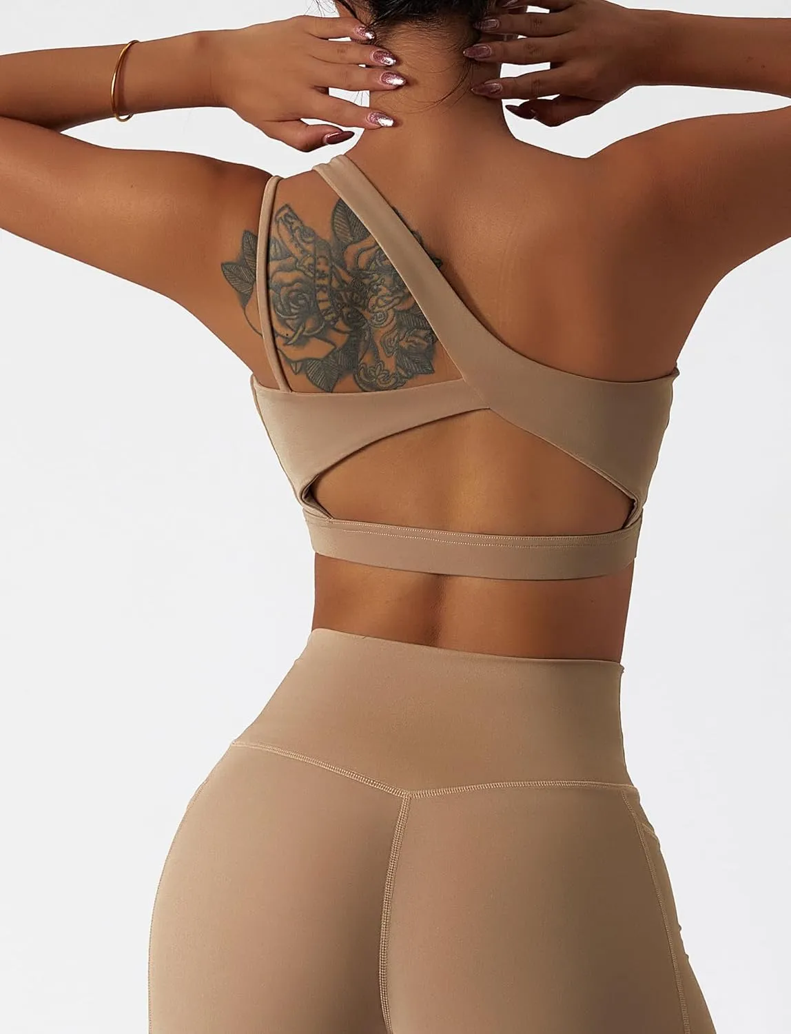 FEOYA One Shoulder Double Strap Sports Bra for Women Asymmetrical Padded Workout Yoga Bra