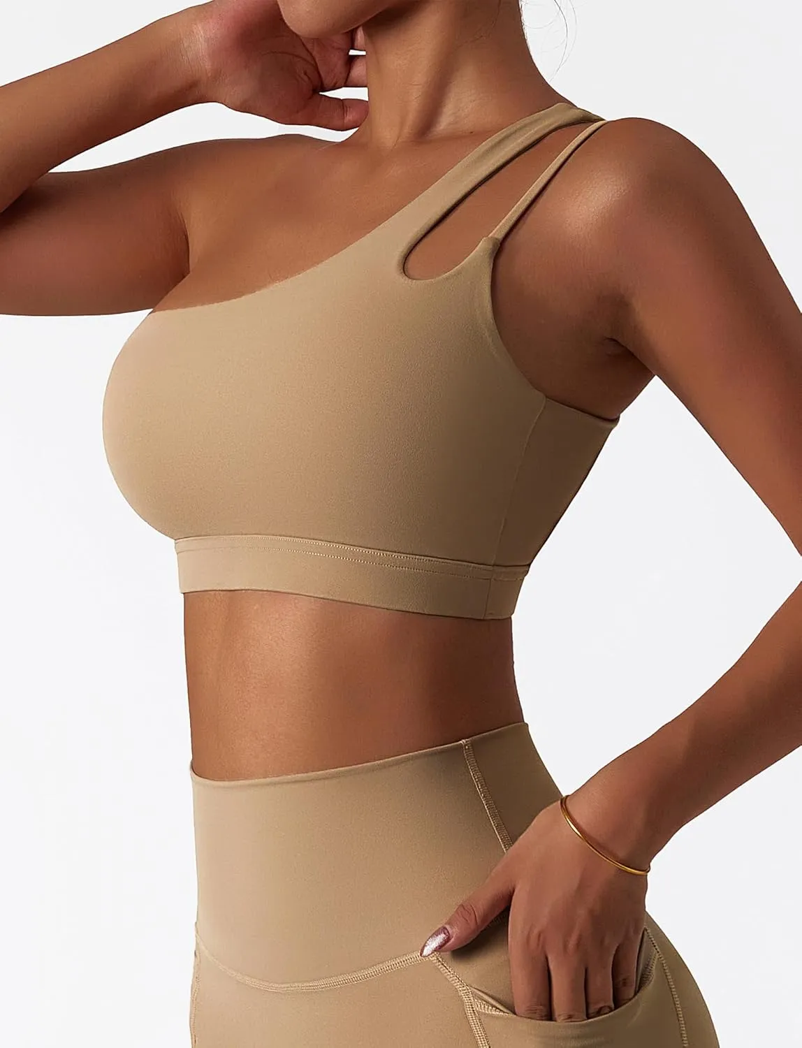 FEOYA One Shoulder Double Strap Sports Bra for Women Asymmetrical Padded Workout Yoga Bra