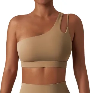 FEOYA One Shoulder Double Strap Sports Bra for Women Asymmetrical Padded Workout Yoga Bra