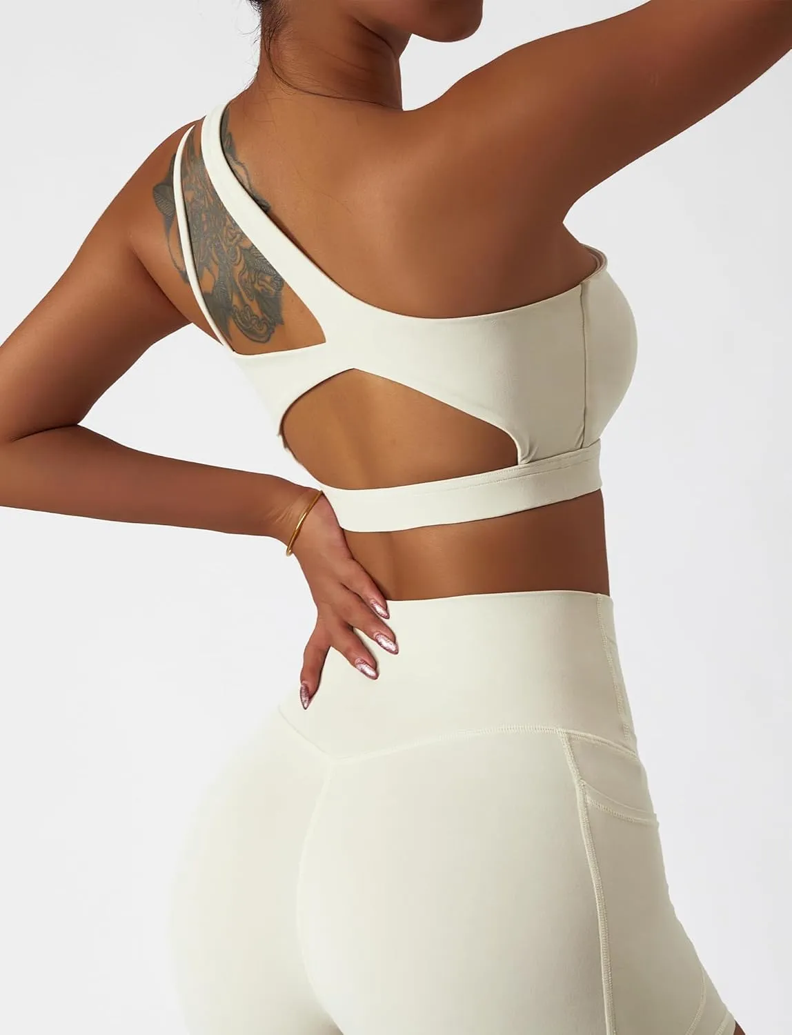FEOYA One Shoulder Double Strap Sports Bra for Women Asymmetrical Padded Workout Yoga Bra