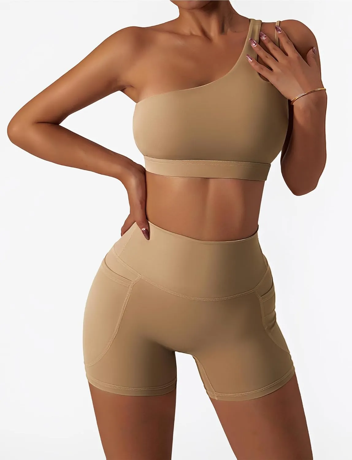 FEOYA One Shoulder Double Strap Sports Bra for Women Asymmetrical Padded Workout Yoga Bra