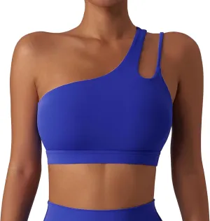 FEOYA One Shoulder Double Strap Sports Bra for Women Asymmetrical Padded Workout Yoga Bra