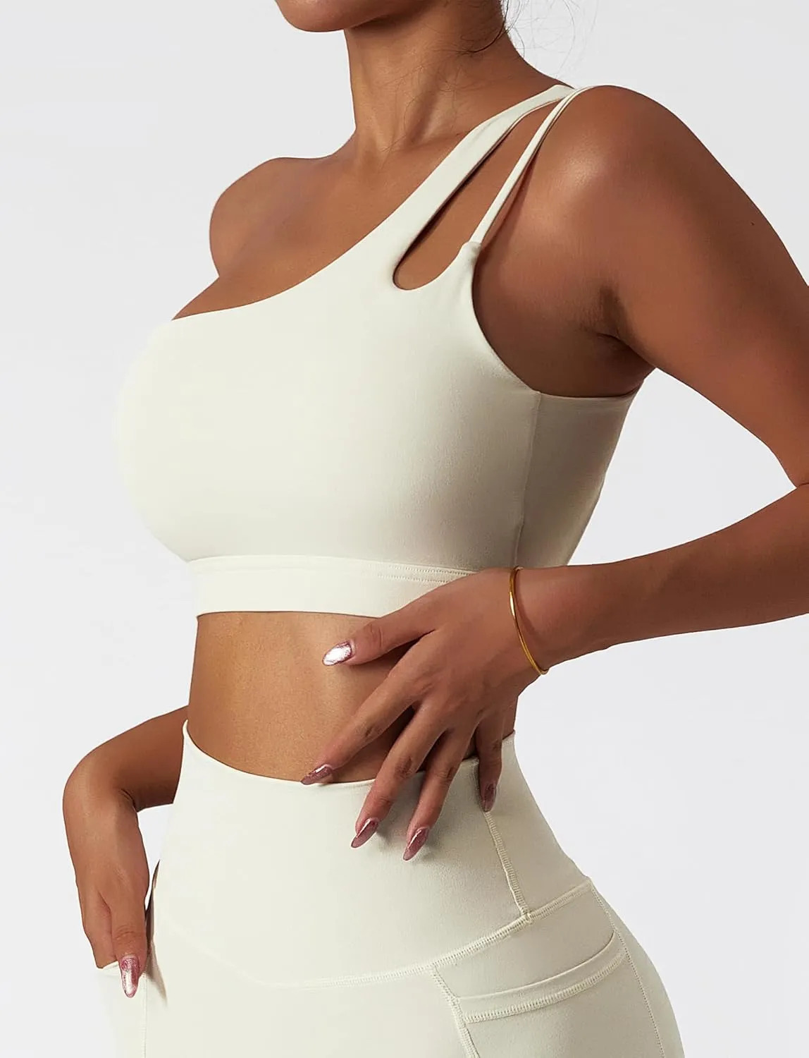 FEOYA One Shoulder Double Strap Sports Bra for Women Asymmetrical Padded Workout Yoga Bra