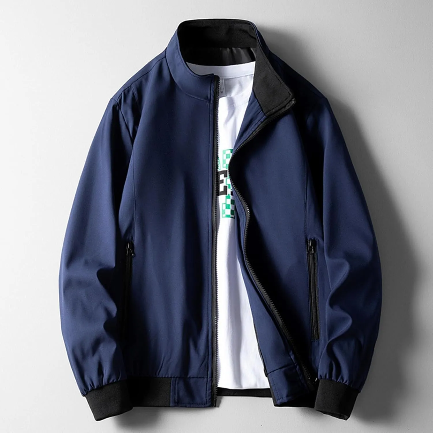 Finelylove Jacket Coat for Men Lightweight Long Sleeve Stand Collar Bomber Jacket Active Outdoor Windbreaker with Pocket