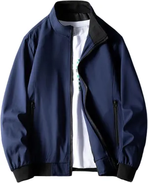 Finelylove Jacket Coat for Men Lightweight Long Sleeve Stand Collar Bomber Jacket Active Outdoor Windbreaker with Pocket