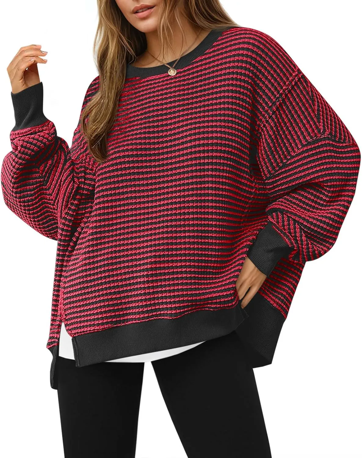 Fisoew Women's Oversized Sweatshirt Waffle Knit Striped Long Sleeve Crewneck Casual Loose Pullover Tunic Tops Red