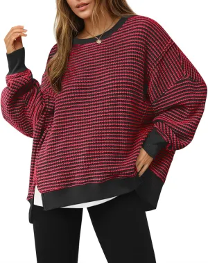 Fisoew Women's Oversized Sweatshirt Waffle Knit Striped Long Sleeve Crewneck Casual Loose Pullover Tunic Tops Red