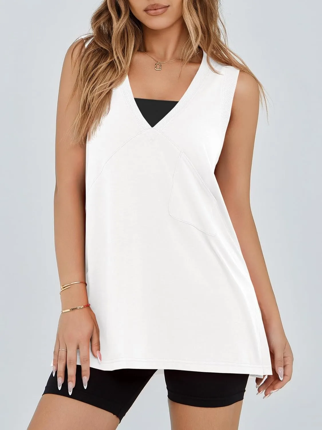 Fisoew Womens Summer Tank Tops V Neck Sleeveless Casual Loose Flowy Tunic Workout T Shirts