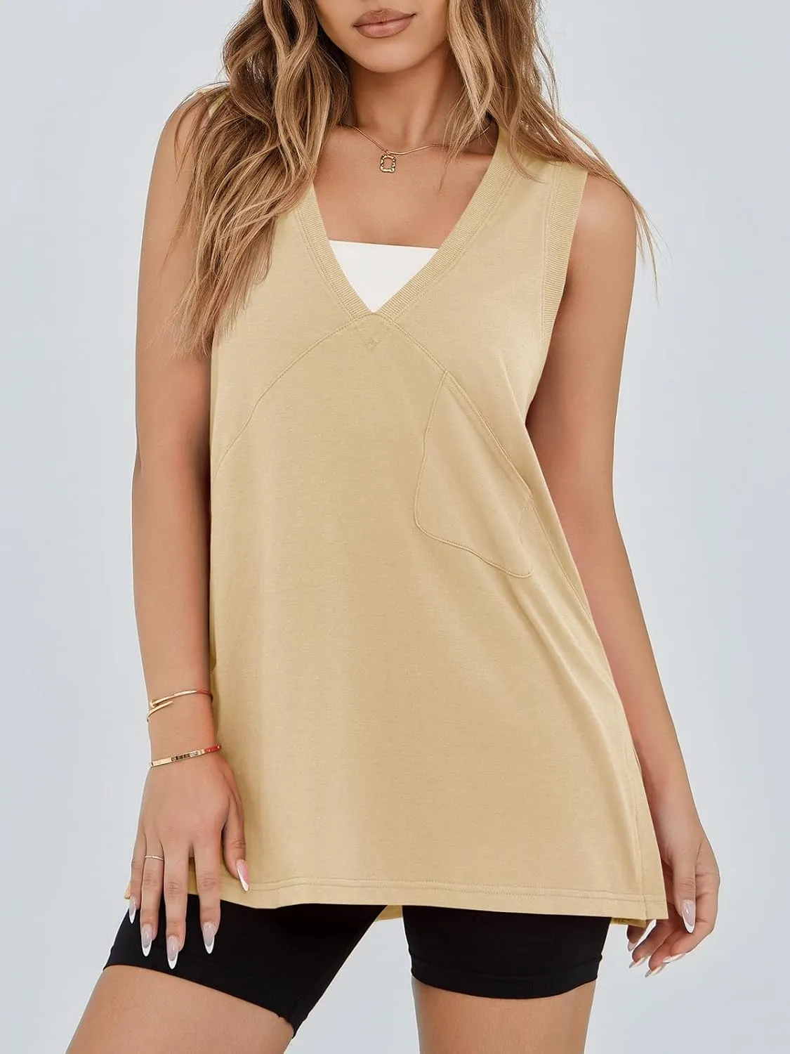 Fisoew Womens Summer Tank Tops V Neck Sleeveless Casual Loose Flowy Tunic Workout T Shirts