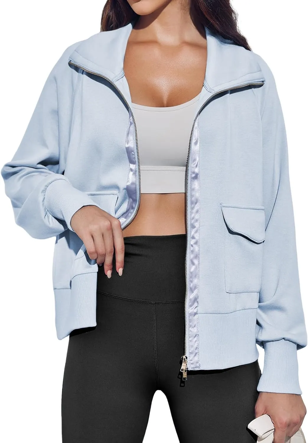 Fisoew Women's Zip up Sweatshirt Collared Neck Long Sleeve Loose Casual Lightweight Jacket with Pockets