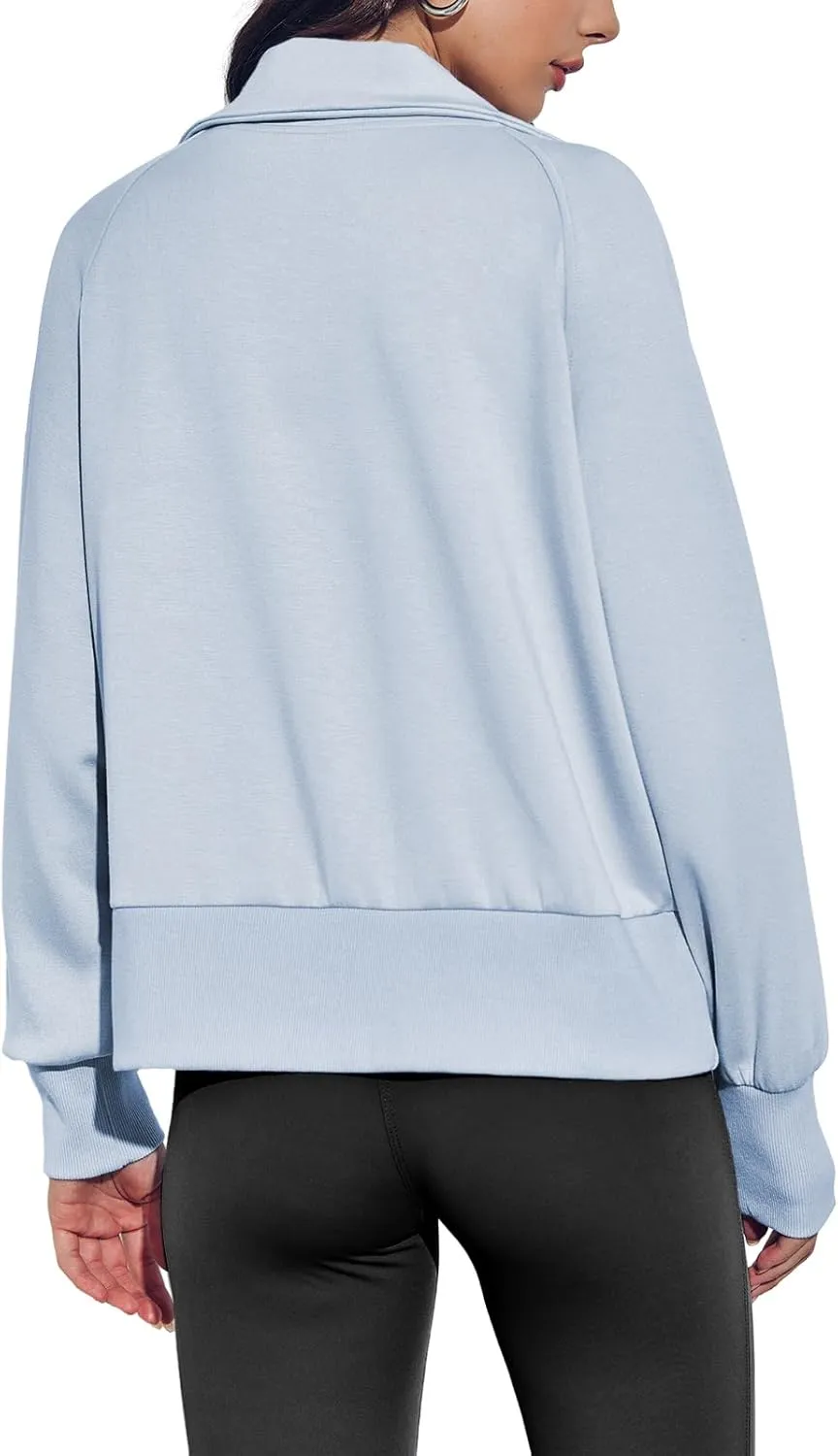 Fisoew Women's Zip up Sweatshirt Collared Neck Long Sleeve Loose Casual Lightweight Jacket with Pockets