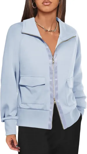 Fisoew Women's Zip up Sweatshirt Collared Neck Long Sleeve Loose Casual Lightweight Jacket with Pockets
