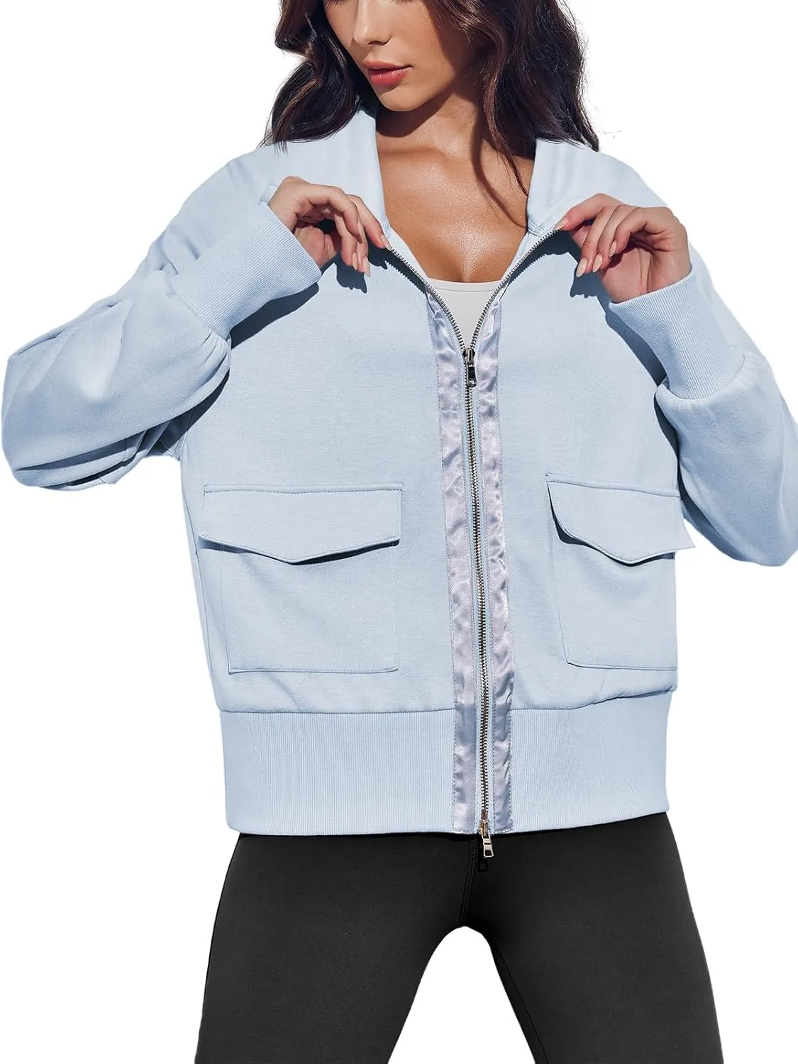 Fisoew Women's Zip up Sweatshirt Collared Neck Long Sleeve Loose Casual Lightweight Jacket with Pockets