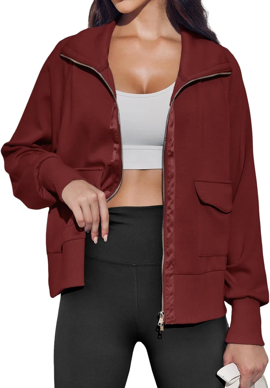 Fisoew Women's Zip up Sweatshirt Collared Neck Long Sleeve Loose Casual Lightweight Jacket with Pockets