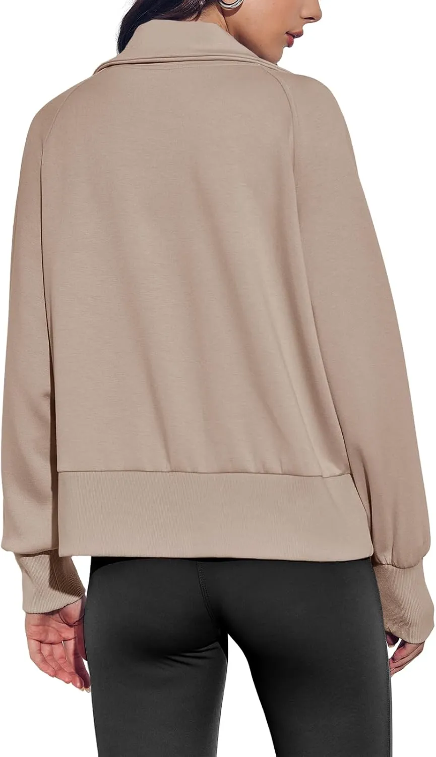 Fisoew Women's Zip up Sweatshirt Collared Neck Long Sleeve Loose Casual Lightweight Jacket with Pockets