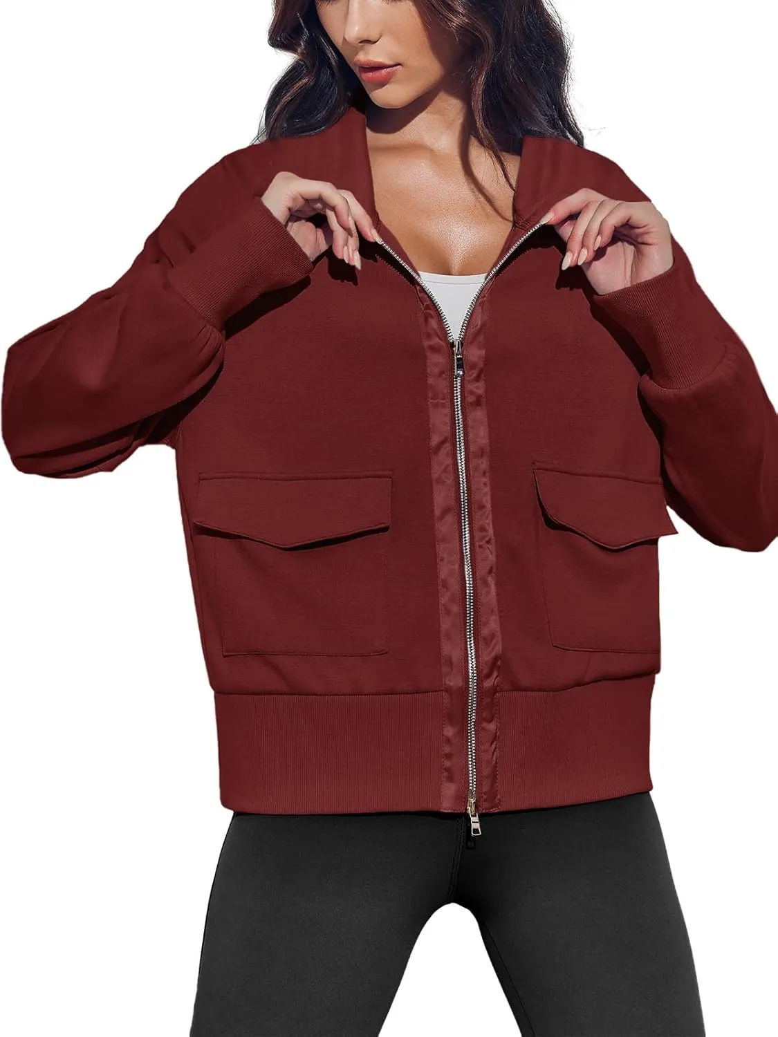 Fisoew Women's Zip up Sweatshirt Collared Neck Long Sleeve Loose Casual Lightweight Jacket with Pockets